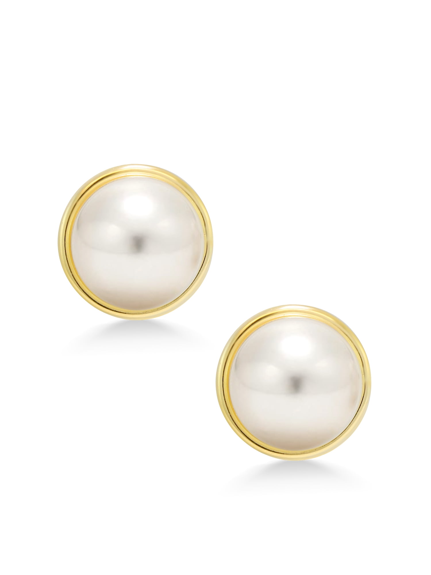 Gem Stone King 14K Yellow Gold 8MM White Button Shape Cultured Freshwater Pearl Stud Earrings for Women