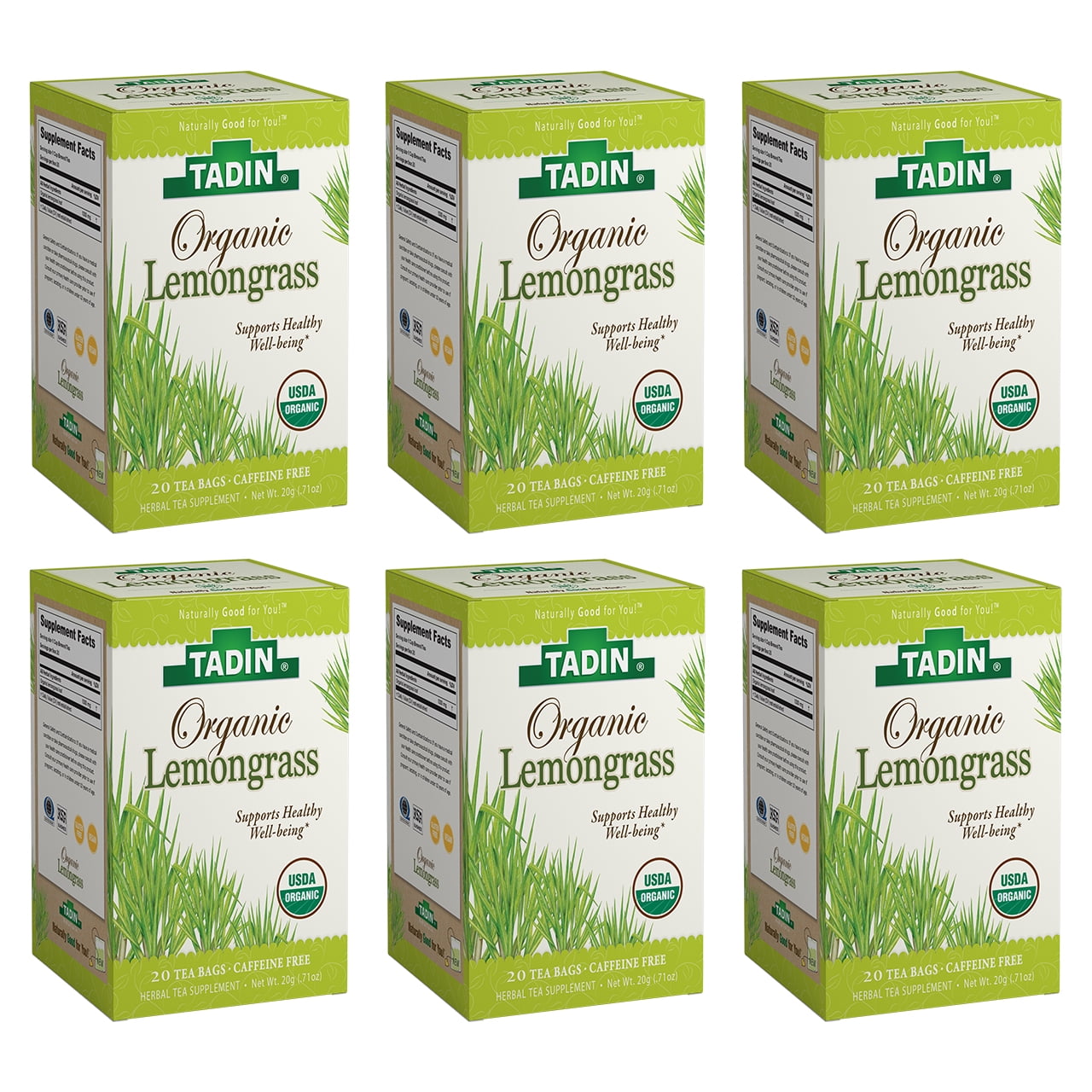 Tadin Organic Lemongrass Herbal Tea. Supports a Healthy Well-being. Digestive Aid and Energy Booster Supplement. Caffeine Free. 20 Teabags. Pack of 6