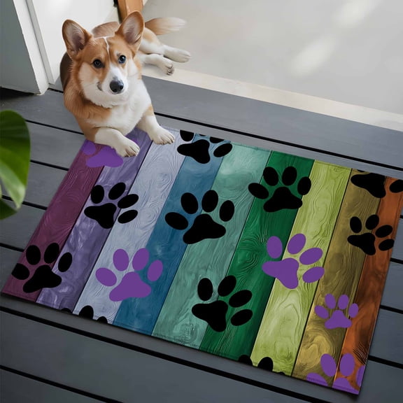 Colorful Dog Front Door Rugs 2x3 ft Paw Prints on The Board Small Rug for Entryway Non Slip Washable Bathroom Door Mat Absorbent Floor Mat for Indoor Entrance