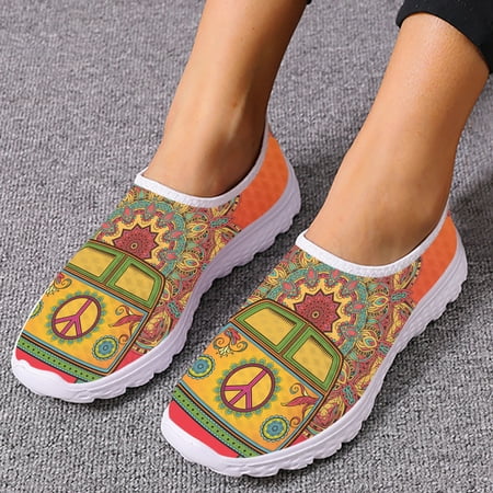 Hippie Peace Bus Designer Women s Loafers Boho Bus Print Comfortable Soft Sole Casual Shoes Home Shoes Slip On Shoes