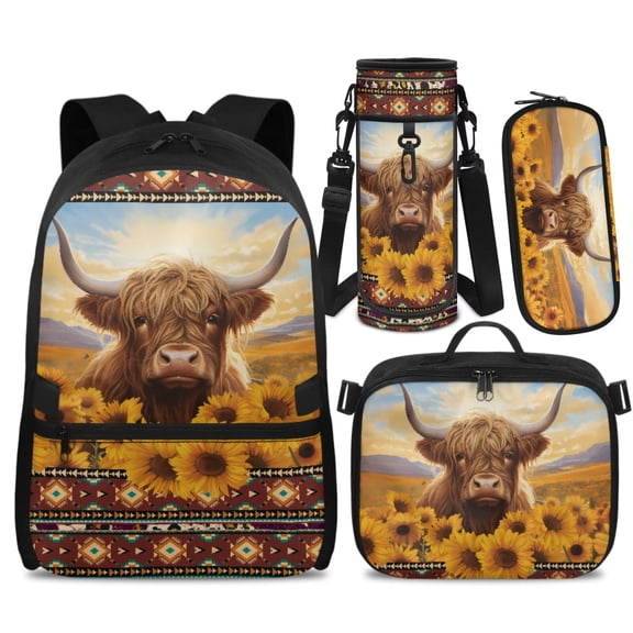 Yspwyqan Sunflower Highland Cow Aztec Kids Backpack Set 4Pcs with Lunch Box Pencil Case Water Bottle Bag, Double Zip Lightweight Large Capacity Bookbag Fits 14" Laptop for School