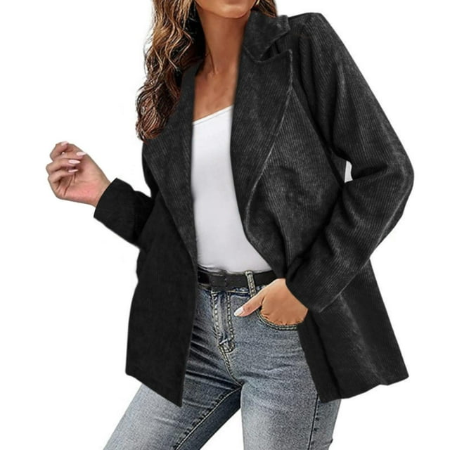 IMENGL Fall winter solid color corduroy cardigan jacket, Black M, Size M-3XL