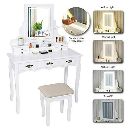 Artethys Vanity Table Set With Touch, Artethys White Dressing Table Set With Led Lights Mirror