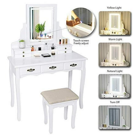 Artethys Vanity Table Set With Touch Screen Adjustable Lighted Mirror Cushioned Stool 3 Lighting Modes Square Dressing 7 Drawers Easy Assembly Canada Artethys Vanity Table Set With Touch, Artethys White Dressing Table Set With Led Lights Mirror