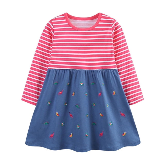 Odeerbi Niñas Primavera Otoño Vestido Manga Larga Rayas Bordado Algodón Cuello Redondo Vestido Suelto