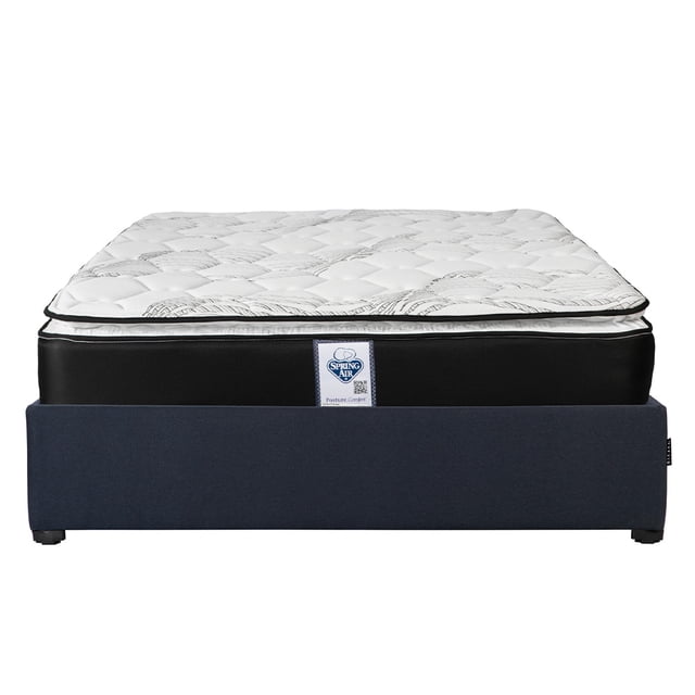 colchón matrimonial spring air premier + base cama colchón Spring Air Premier con Pillow Top 4 cm y cubierta de tejido punto en vista frontal centrada; faldón negro y etiqueta Spring Air visible sobre base cama tapizada azul oscuro con estructura de madera. Posture Comfort, confort semi-firme; medidas aproximadas colchón 136 x 190 cm, 27 cm alto; base 140 x 193 cm, 30 cm alto. A menudo se usa con ropa de cama matrimonial.