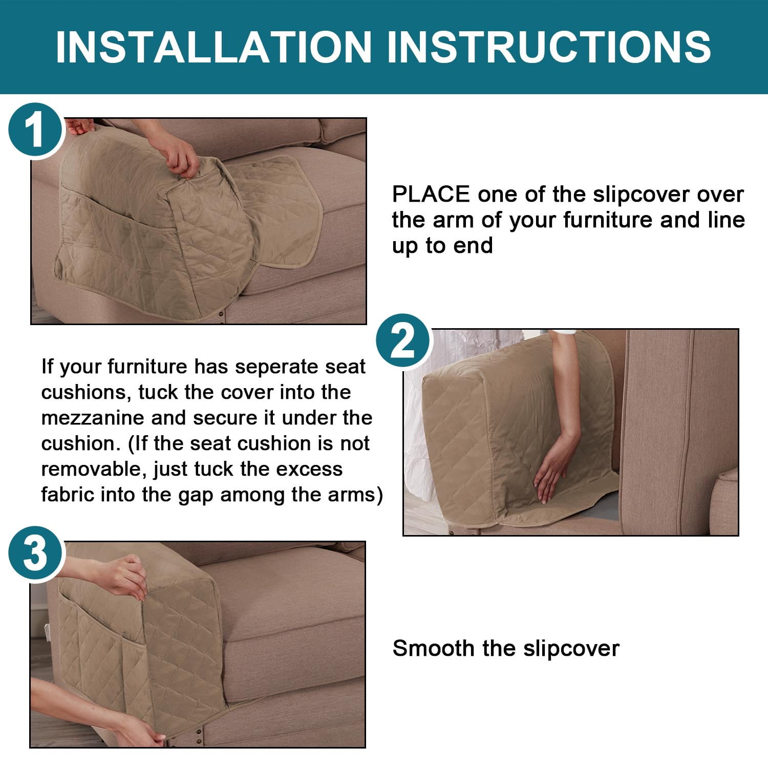 2 Pack Waterproof Armrest Covers Couch for Chairs and Sofas Couch Arm Covers with Side Pocket, Non-Slip Armrest Protectors Washable Armrest Slipcover (Khaki)