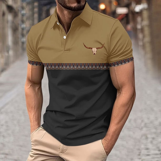 Blusa y camisa de manga corta con cuello vuelto para hombre, blusa de manga corta con solapa y botones estampados, blusa de poliéster para hombre