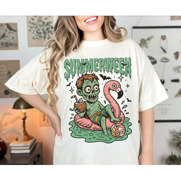 Trendy Summerween T-shirt, Funny Zombie Pool Float T-shirt, Halloween in Summer Spooky Beach Flamingo Shirt, Retro Creepy Cute Shirt TH140621