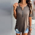thumbnail image 4 of YHAJDS Basic Tees Spring Tunic Blouse V Neck Zipper Front Solid Color Casual Short Sleeve, 4 of 5