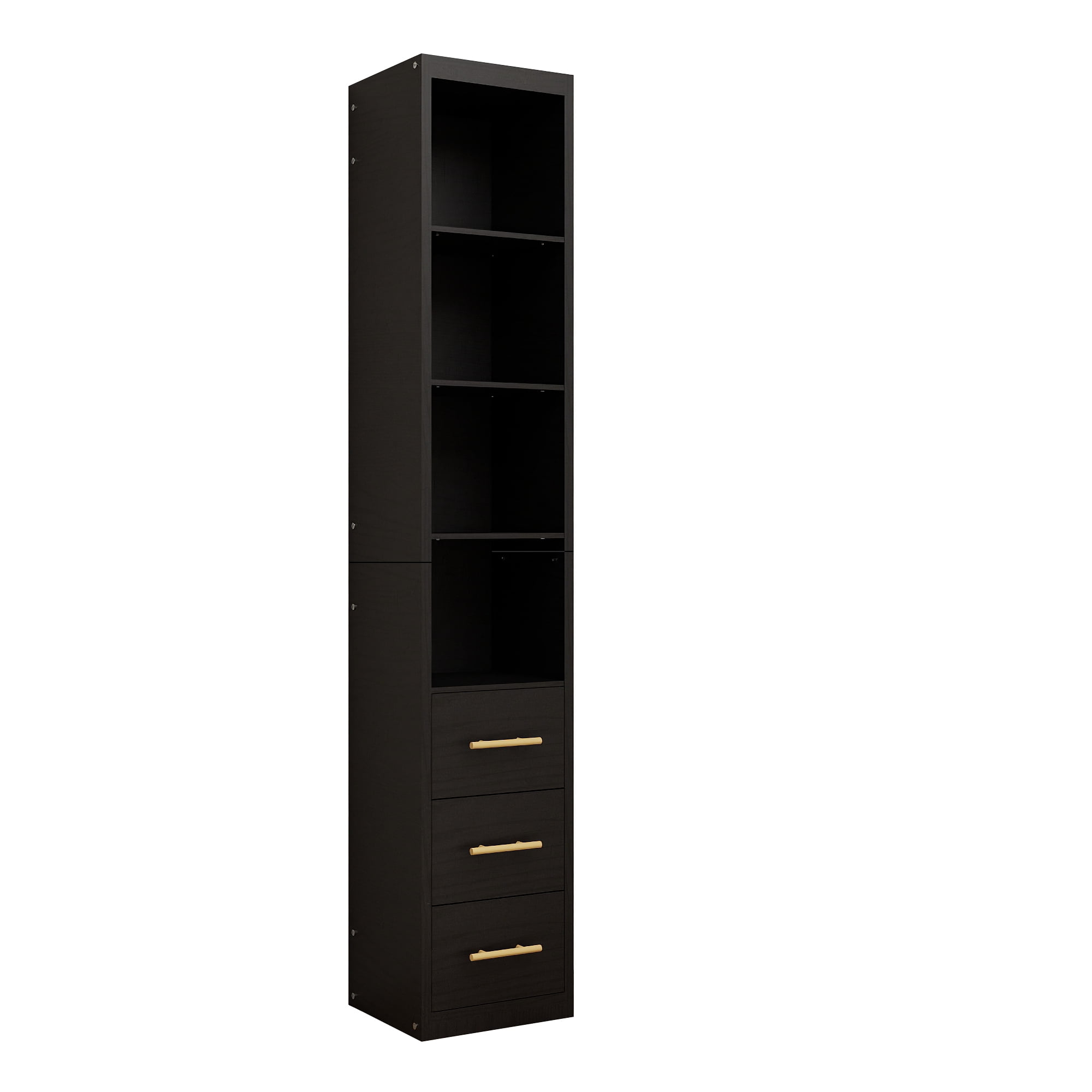 Mintazer 85" Narrow Tall Freestanding Storage Cabinet with 4‑Tier Open Shelves & 3 Drawers, Slim Floor Pantry Cabinet for Kitchen Bathroom Living Room Small Spaces, Black