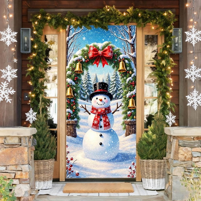 Danhjin Polyester Gate Cover Flag Christmas Door Cover Flag Exquisite Doorway Decorative Flag Christmas Snowman Scene Background Decorative Flag Christmas Decorations