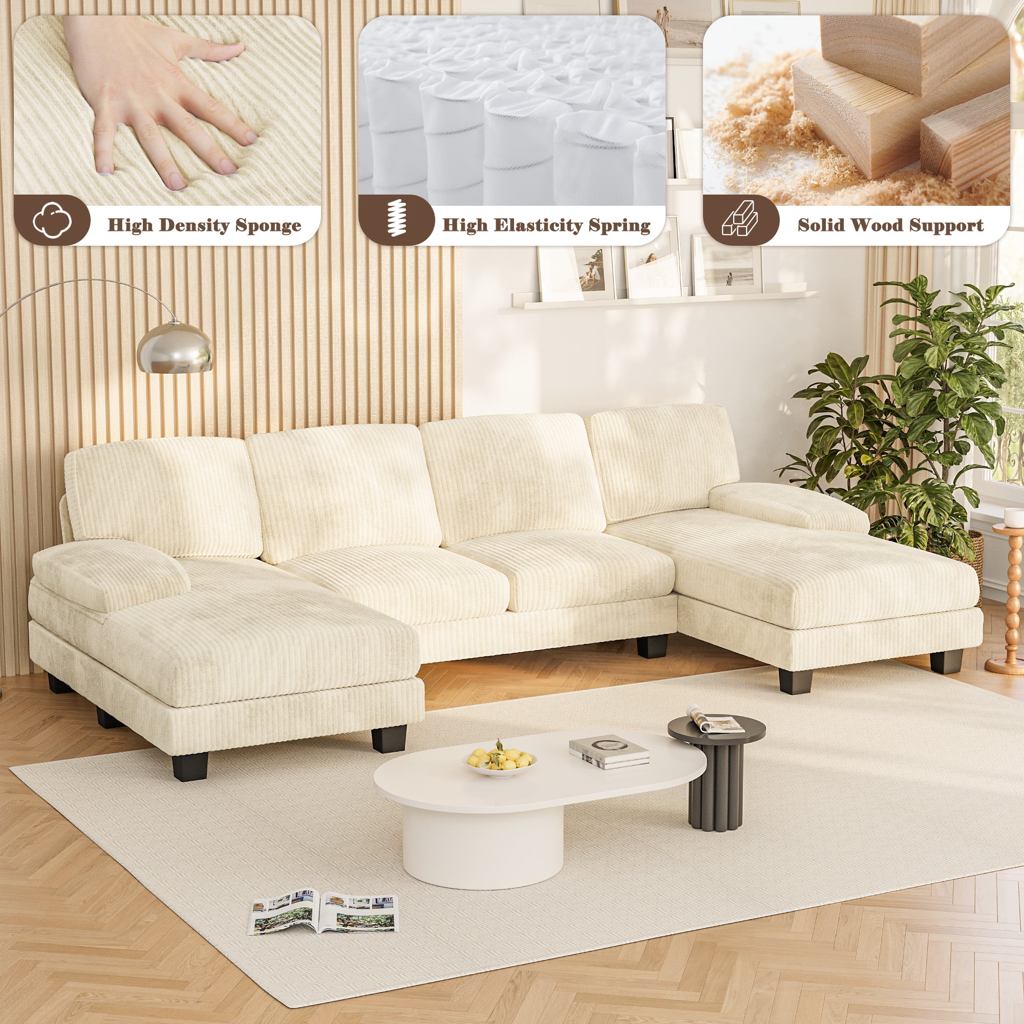 Homall U Shaped Sectional Sofa with Soft Corduroy Sofa Couch with Double Chaise for Apartments,Living Room, Corduroy Beige