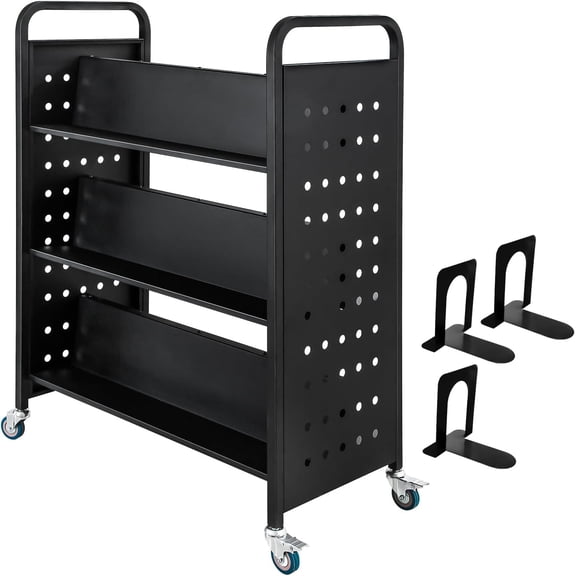 200Lbs 6-Shelf Book Cart Double Sided W-Shaped Sloped Shelves Rolling Library Cart with 2 Lockable Wheels for Home Office School