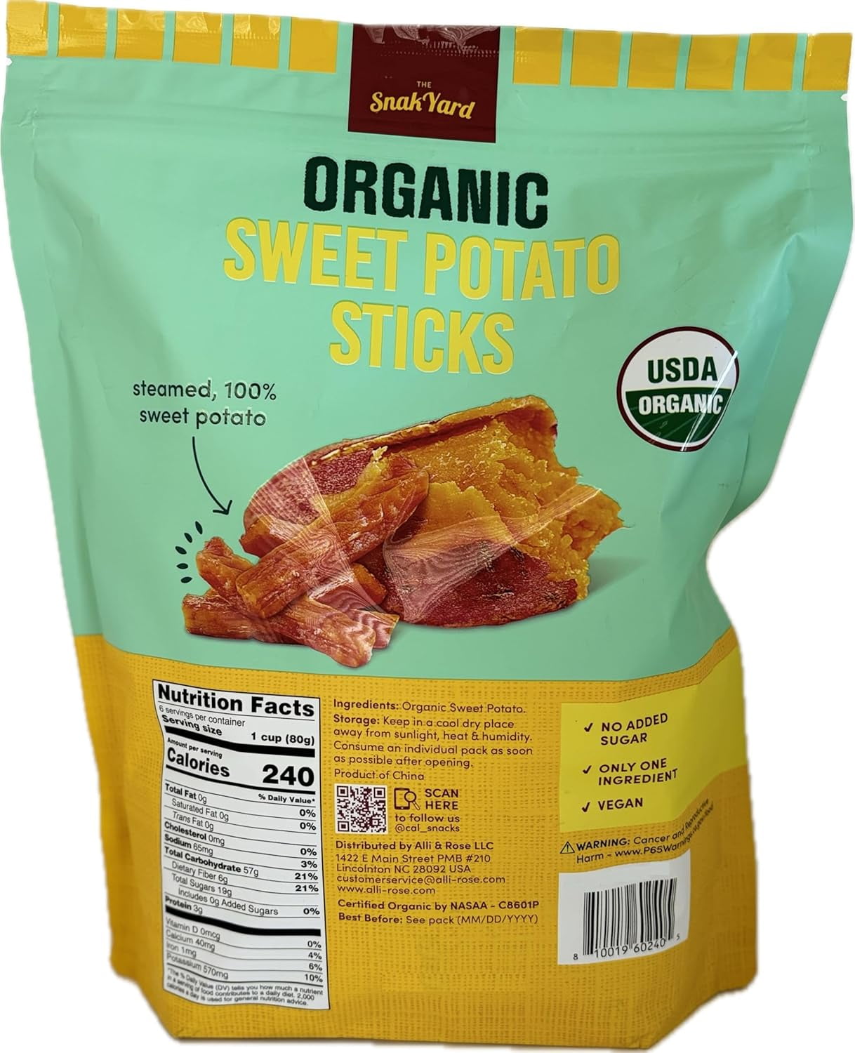 ORGANIC SnakYard Sweet Potato Sticks Vegan,2-Pack, 17.oz Each (2.82oz X 6 per bag)