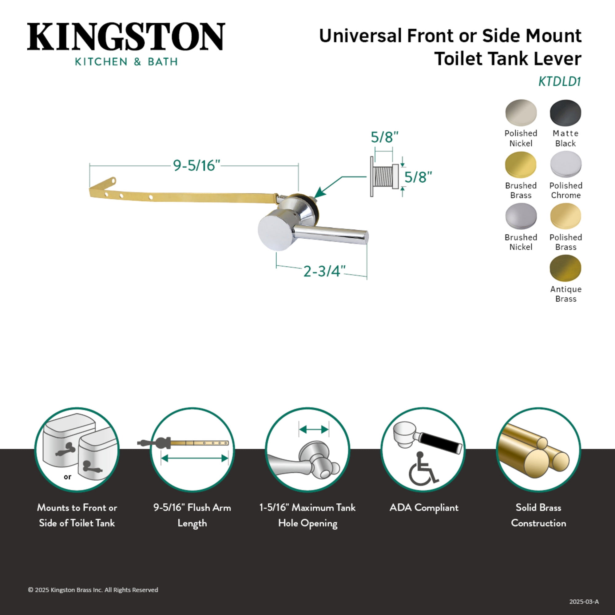 Kingston Brass KTDLD6 Concord Universal Front or Side Mount Toilet Tank Lever in Polished Nickel