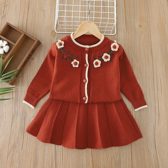 PInxai Girls Clothes Cute Fall 2 Piece Sets Long Sleeve Button down Tops Elastic Waisted Pleated Skirts Kids Outfits,Coffee,2 Years