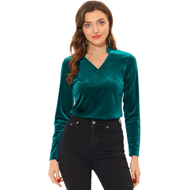 Blusa casual de manga larga con cuello en V de terciopelo para mujer lago verde S