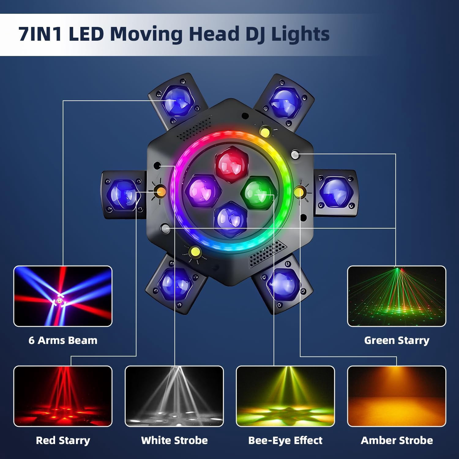 Moving Head DJ Lights, 6 Arms Party Fixtures with Light Strip, 150W RGBW LED Stage Lights, for Parties Club Bar Wedding