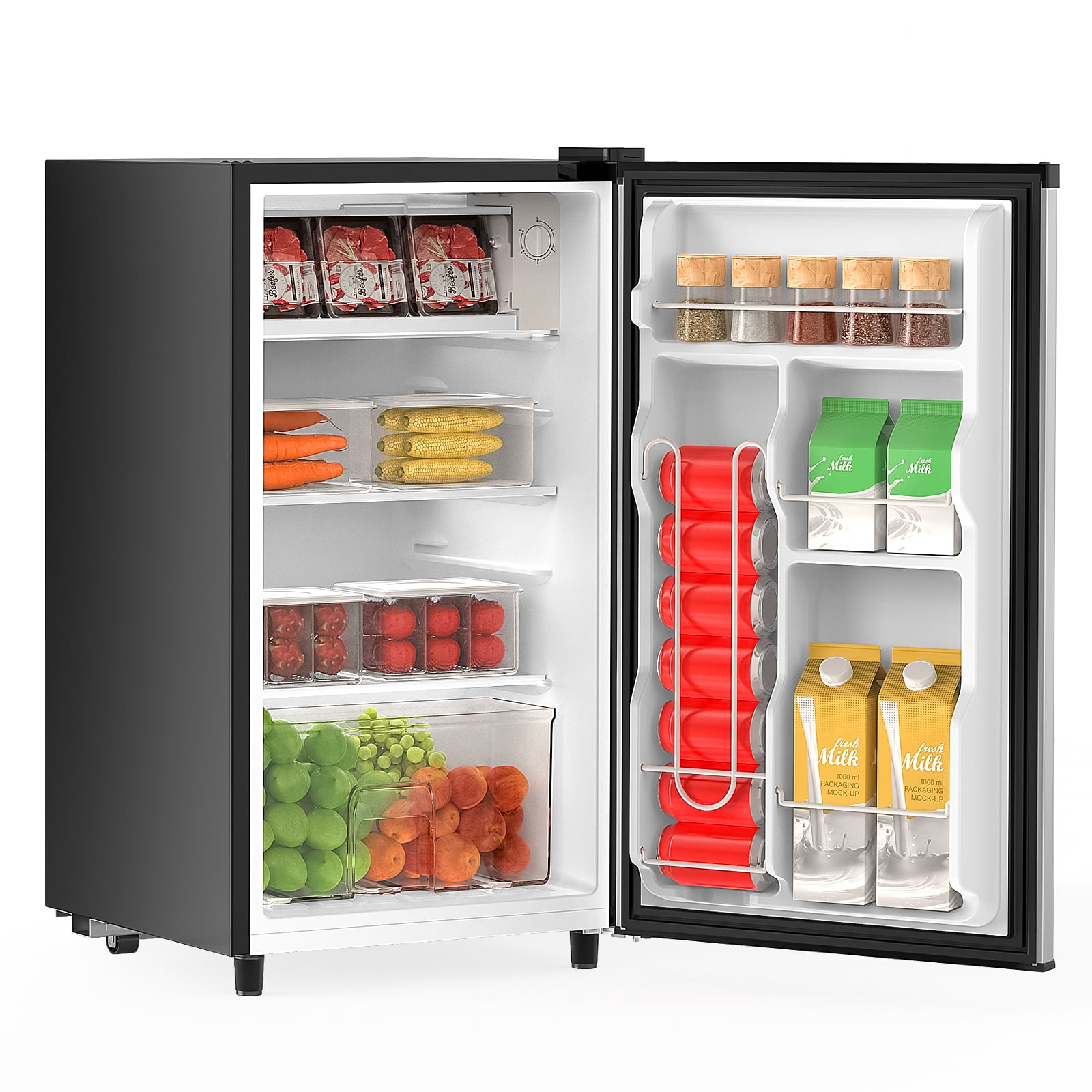 CONCETTA Mini Fridge With Freezer 3.2 Cu.Ft Single Door Adjustable Thermostat, Low Noise, For Bedroom, Office, Dorm, Silver
