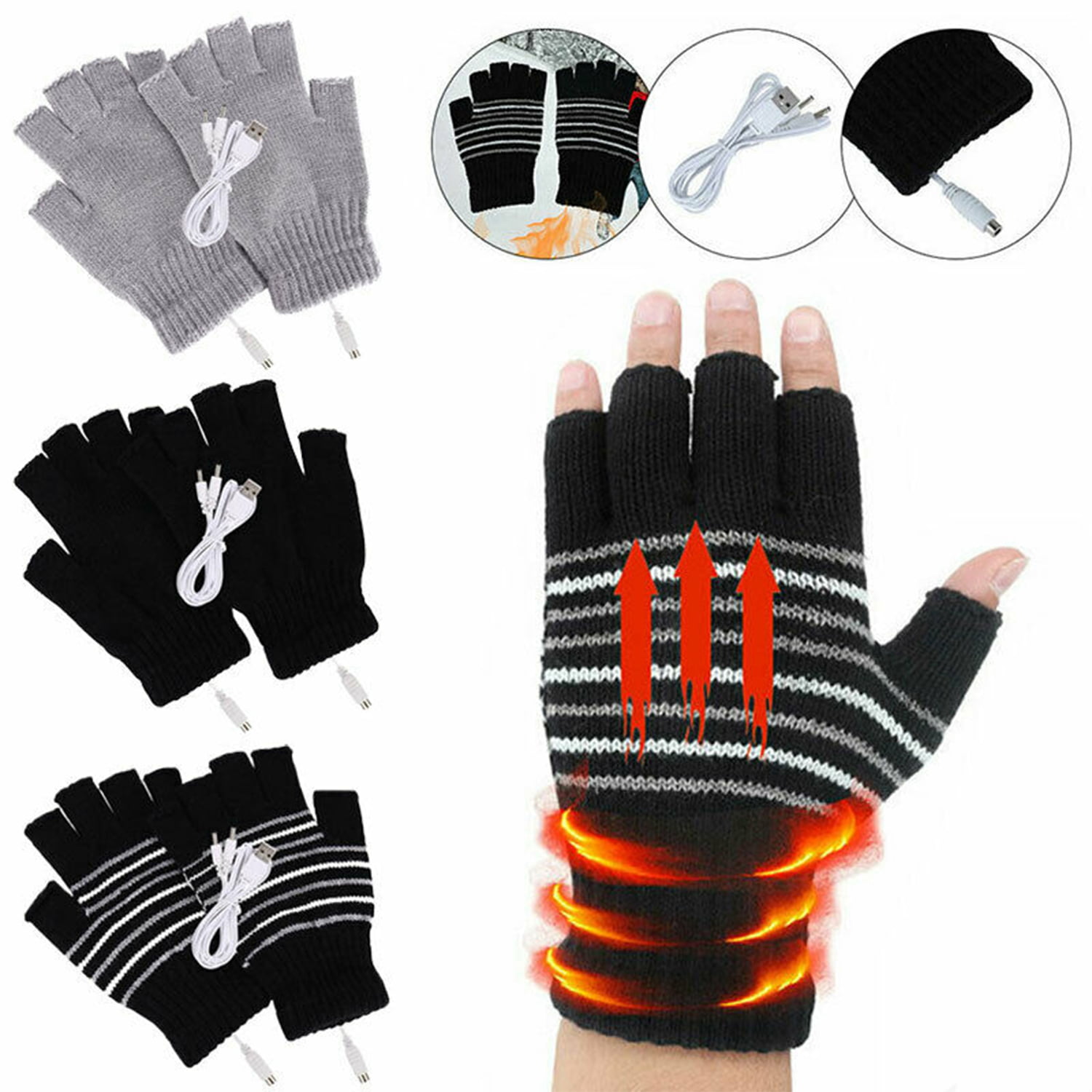 5V Electric Heated Gloves Rechargeable Insulated Thermal Full&Half Gloves Unisex 