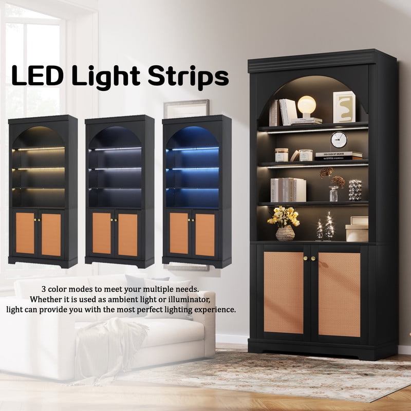 2-Door Wooden Display Bookshelf Office Hutch, Bookcase with 4-Layer LED Lighting Shelves, Storage Cabinet with Adjustable Shelf