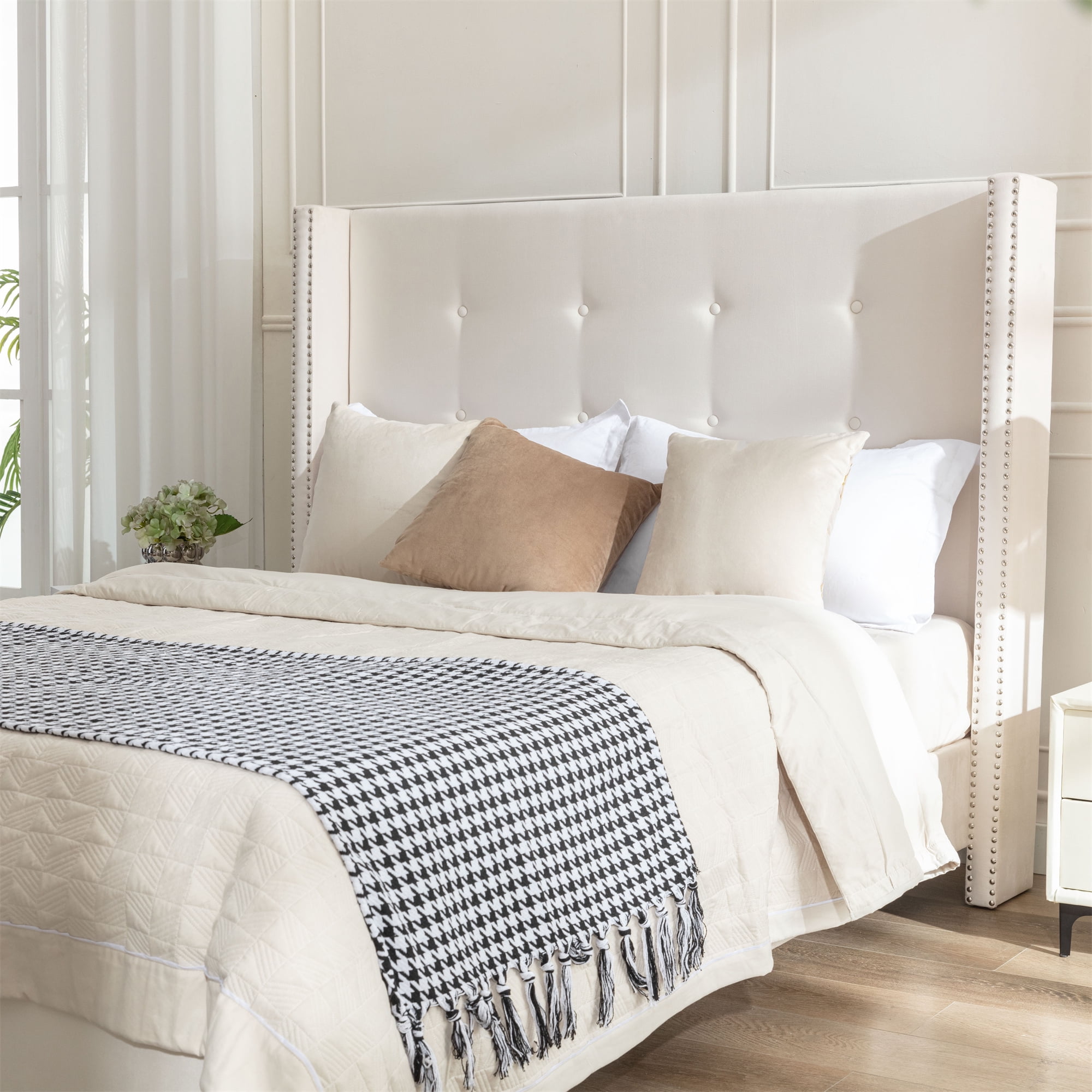 Miniyam King Size Platform Bed Frame with 54" High Wingback Headboard, Tufted & Nailhead Trim, Beige