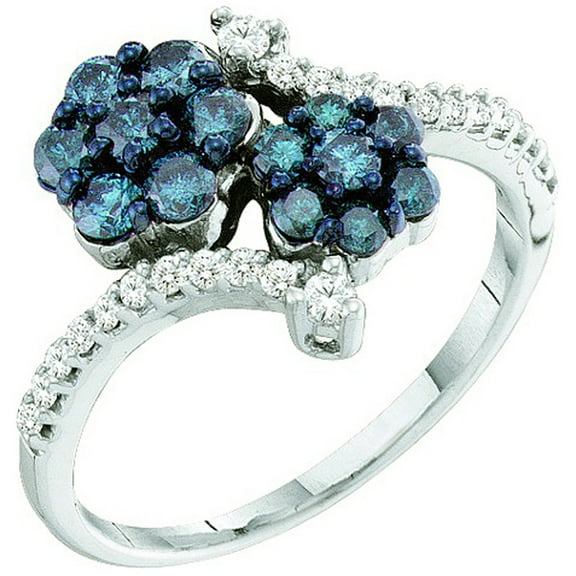 Dazzlingrock Collection 0.75 Carat (ctw) 10K Round Blue And White Diamond Ladies Cluster Flower Right Hand Ring 3/4 CT, White Gold