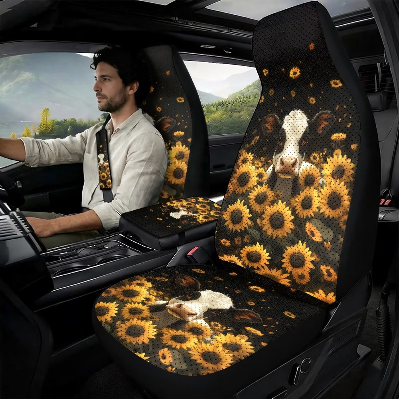 Xixirimido 5-Piece Car Seat Cover Set Breathable PU Leather Front Seat Covers with Seat Belt & Console Covers Universal Fit for SUV, Sedan, Truck, Black Cow Sunflower