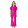 thumbnail image 2 of Boys Dance Sparkly Pink Dance Short Sleeve Top and Flared Pants Two Piece Outfit Set 90s Outfits for Kids Dance Performance Outerwear 5-6 Years, 2 of 9