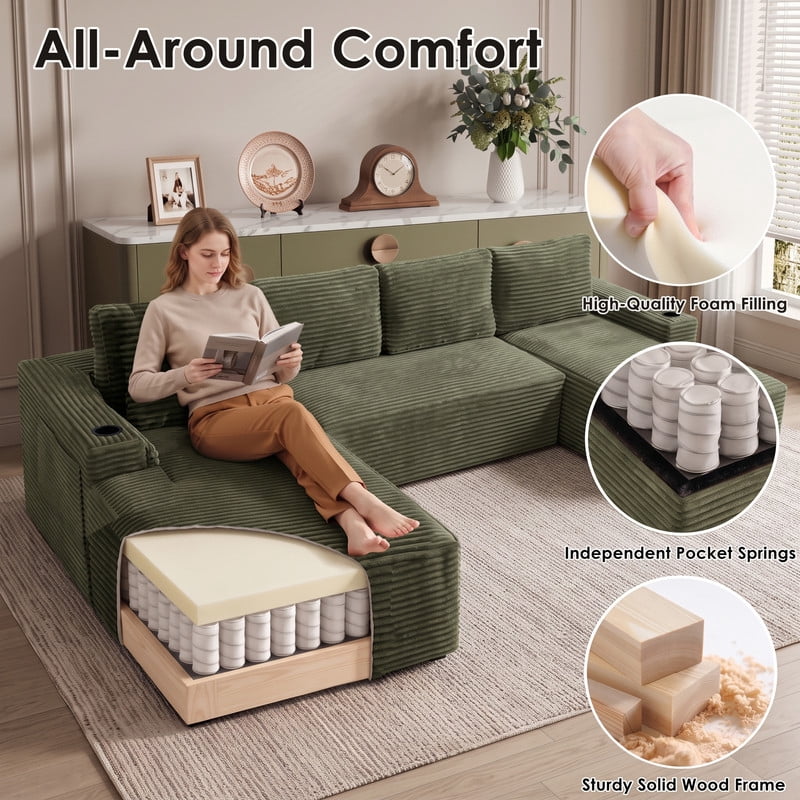 Anpport 133" Boneless Cloud Modular Sectional Couch, Corduroy Sofa with Cup Holders, Side Pockets, Deep Seat, No Assembly Required for Living Room, Green (U‑Shaped)