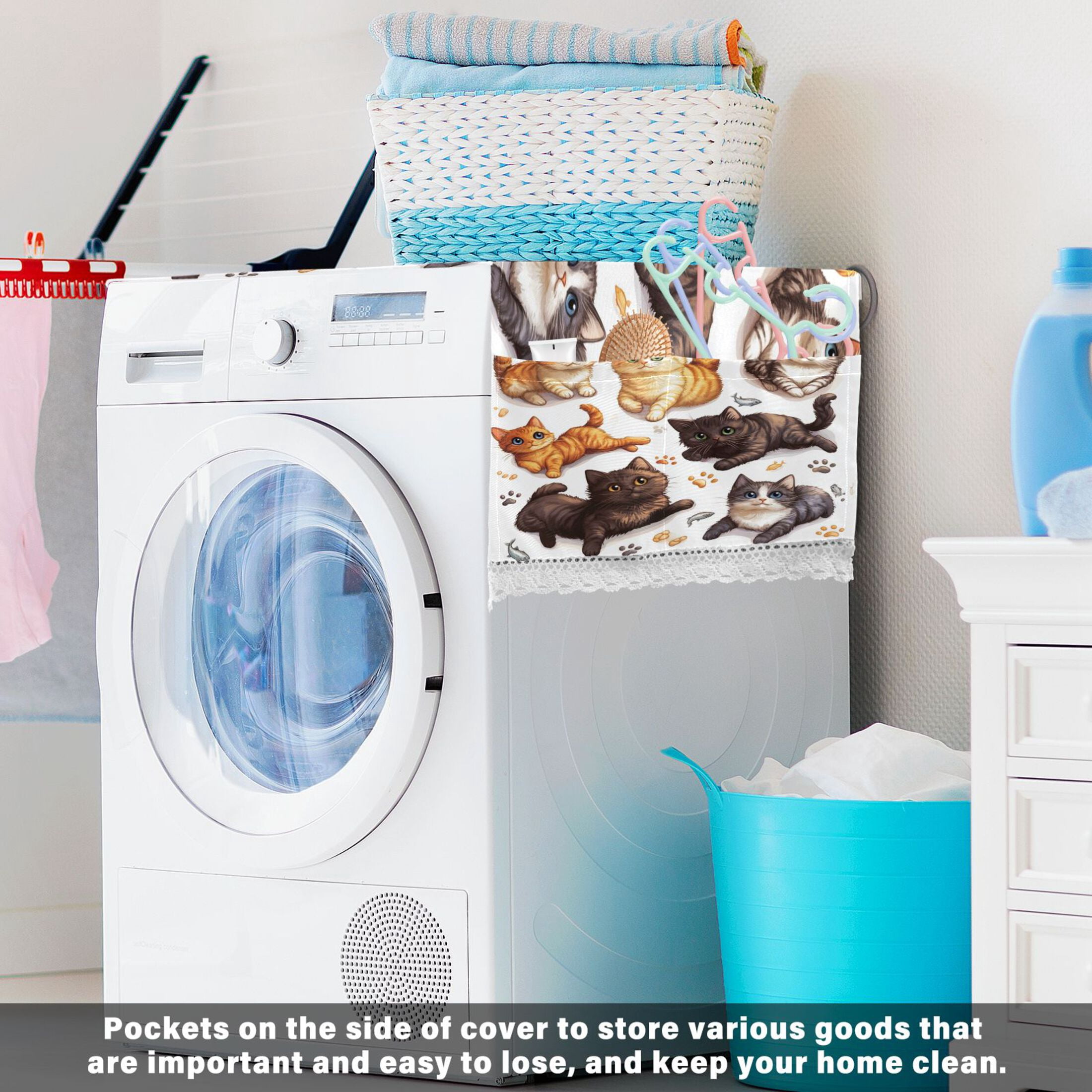 Dustproof Washing Machine Cloth Washer and Dryer Top Covers, Fridge Dust Cover, With Storage Bags Colorful Cartoon Cats