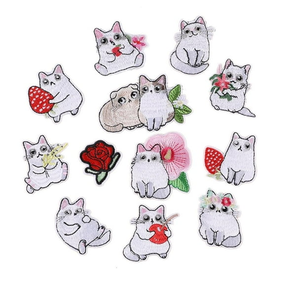 AOOOWER 12 Pcs White Cats Embroidered Patches Iron on Patches Animal Repair Patches Sewing on Applique Patches for Clothes Bag