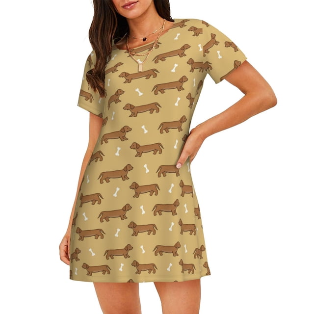 Balery Dachshund Dog Puppy Camisón de manga corta con cuello redondo para mujer, cómodo y elegante.
