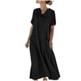 thumbnail image 2 of Guieoi Summer Dresses for Women 2026 Solid-Color Short-Sleeve Pleated Midi-Length Loose-Fit Pocket Cotton-Linen Blend Dress Black XL, 2 of 9