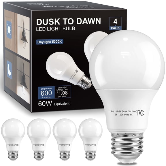 TJOY Dusk to Dawn Light Bulbs Outdoor 60 Watt Equivalent, Automatic On/Off Sensor LED Light Bulb, 9W Daylight 5000K, 800Lumen, A19 E26 Bulbs, 4pack