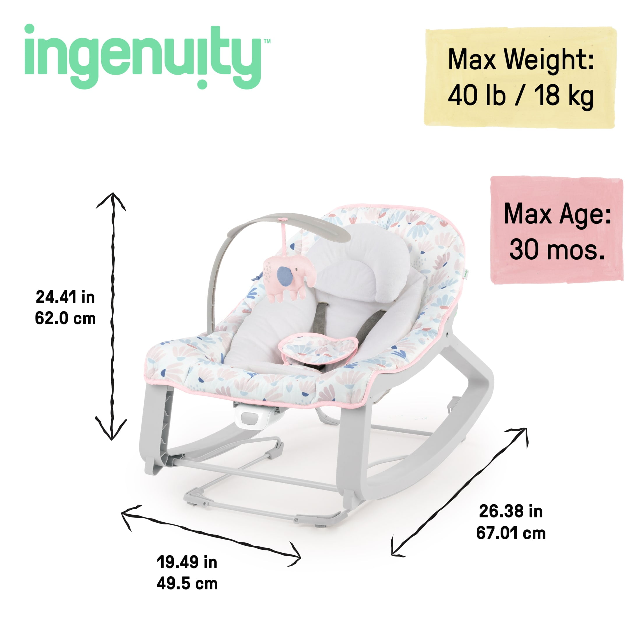 Ingenuity Keep Cozy 3-in-1 Baby Bouncer Seat & Infant to Toddler Rocker - Burst (Pink)