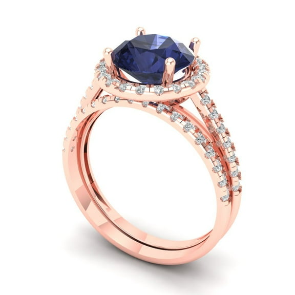2.56 ct Brilliant Round Cut Blue Sapphire 14k Rose Gold Halo Solitaire with Accents Engagement Bridal Wedding Ring Band Set size 6.75