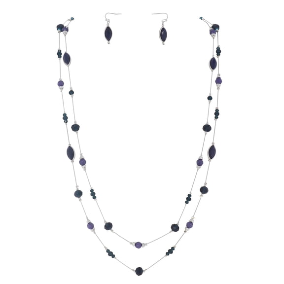 BOCAR 2 Layer Illusion Wire Beaded long Collar Statement Necklace with Earrings Long Necklace for Women (N0098-Dark Blue)