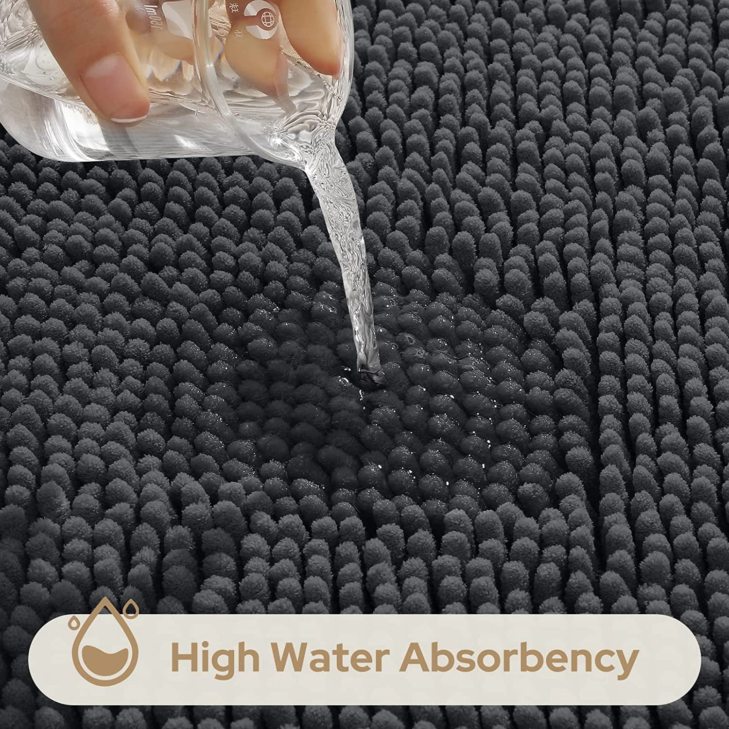 3 Pieces Bathroom Rugs, Ultra Soft Non Slip Absorbent Chenille Toilet Bath Mat Set (Charcoal/Dark Grey)