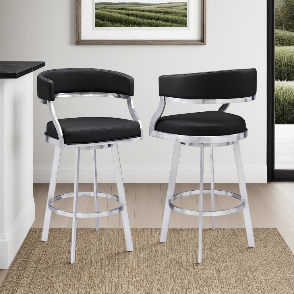 Saturn Modern 26" Seat Height Black Faux Leather and Brushed Stainless Steel Metal Swivel Bar Stool for Kitchen Island Counter
