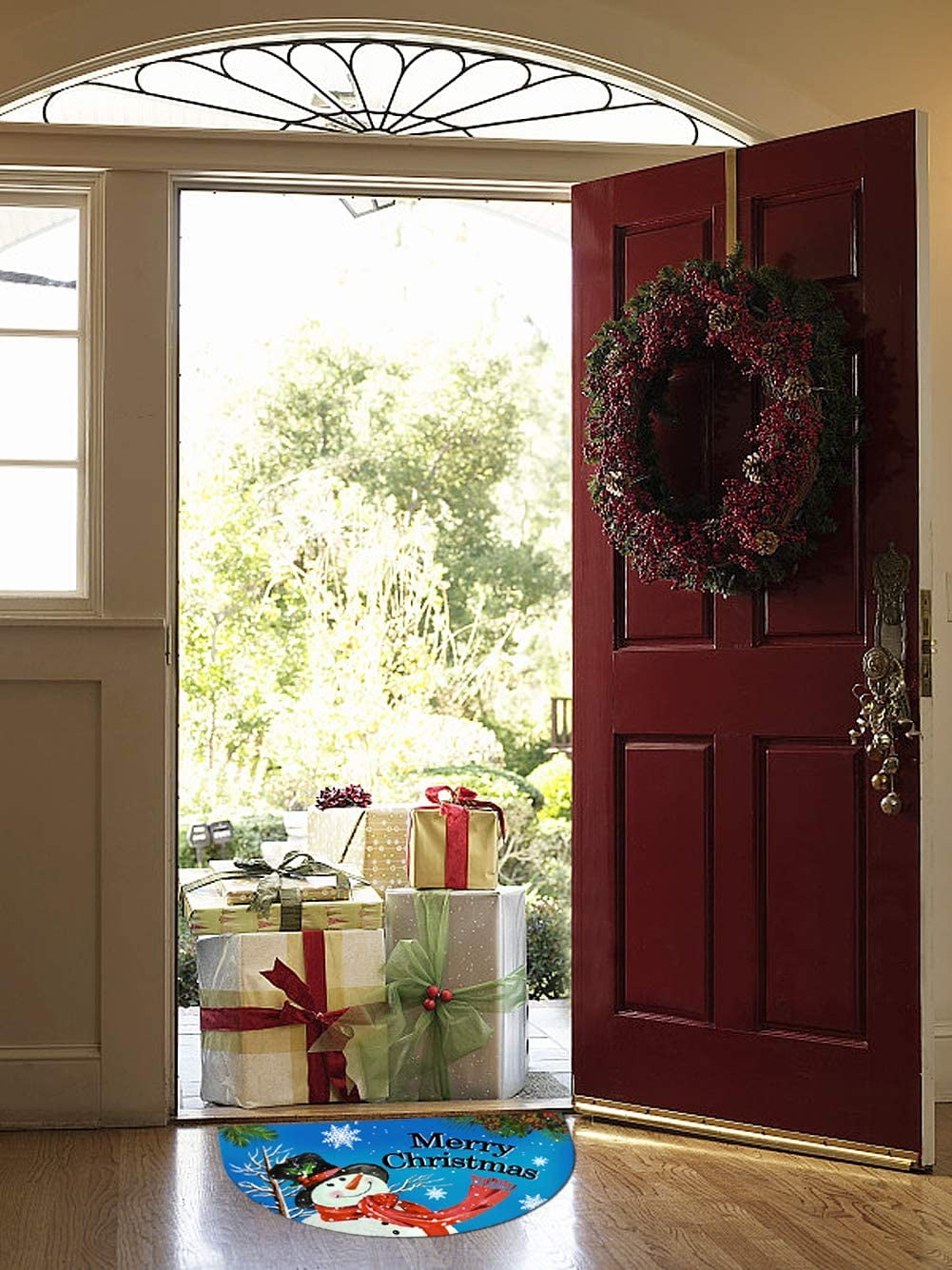 Half Round Rubber Door Mat, Decorative Indoor Outdoor Christmas Doormat Non Slip Front Door Mat, Easy to Clean Low Profile Mat for Entry Patio Garage High Traffic Areas, 17.7" x 29.5" (Xmas Doormat)