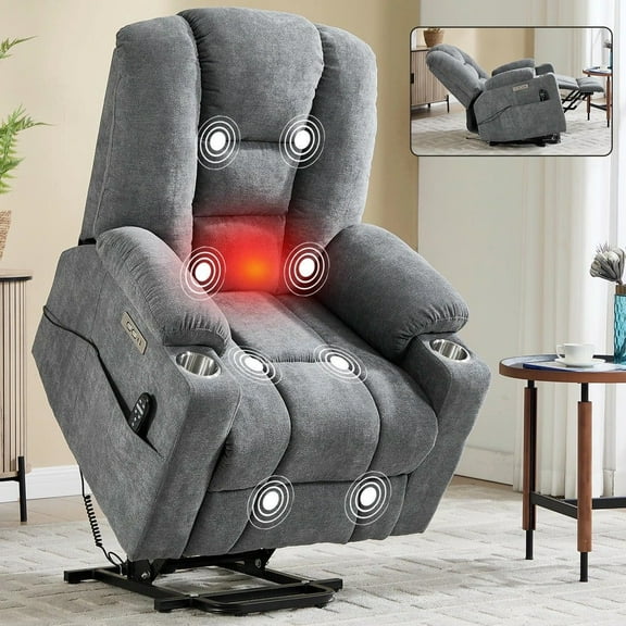Resenkos Power Lift Recliner Chair, Massage & Heat, Dual USB Ports, Cup Holders, 155° Recline, Gray
