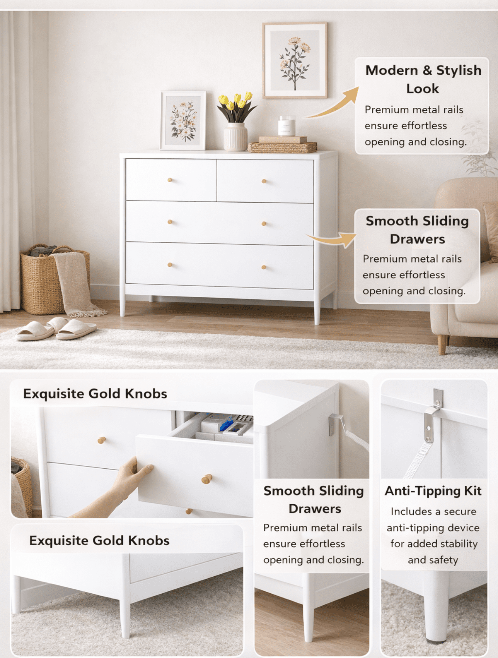 4-Drawer Wooden Dresser, White Toddler Storage Cabinet for Nursery, Bedroom, Closet & Living Room, 35.4" Wide