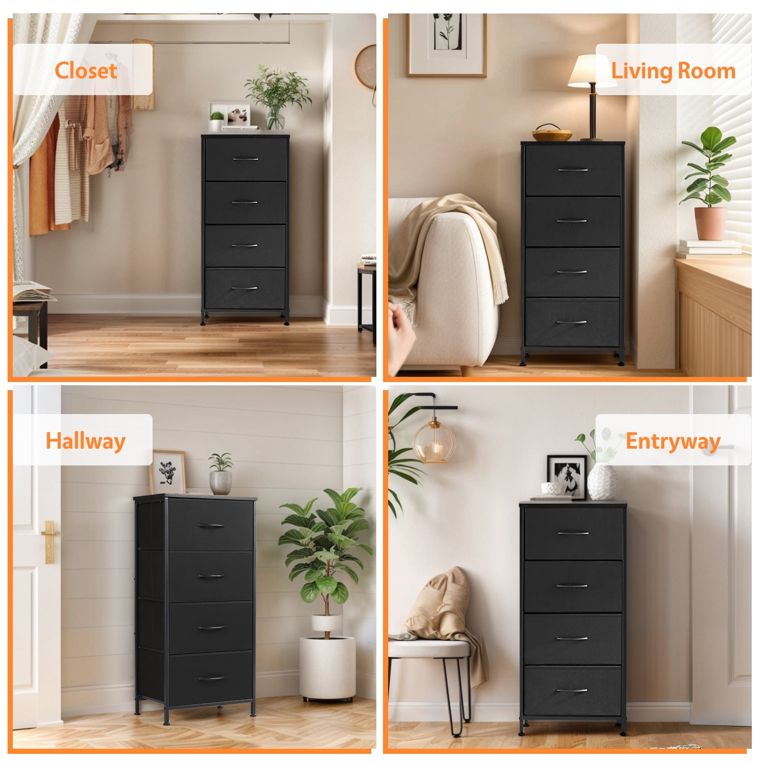 Modern 4 Drawer Fabric Dresser, Chest of Drawer Organizer Storage Cabinet for Bedroom Clothes Closet, Entryway,Black