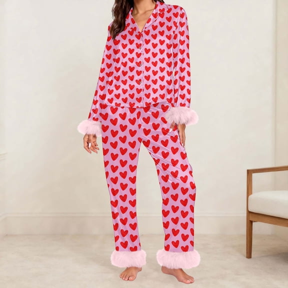 BILIKEYU Women's Heart Print Valentine Pajama Set Cotton Soft Red