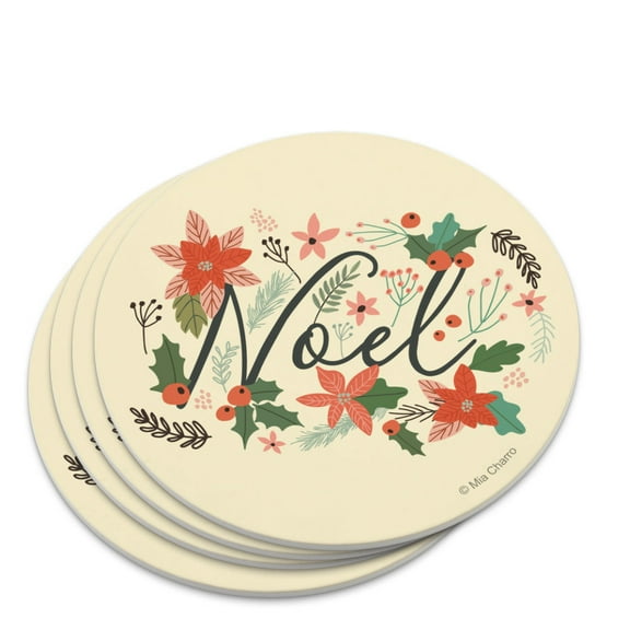 Noel Christmas Holly Poinsettias Novelty Coaster Set