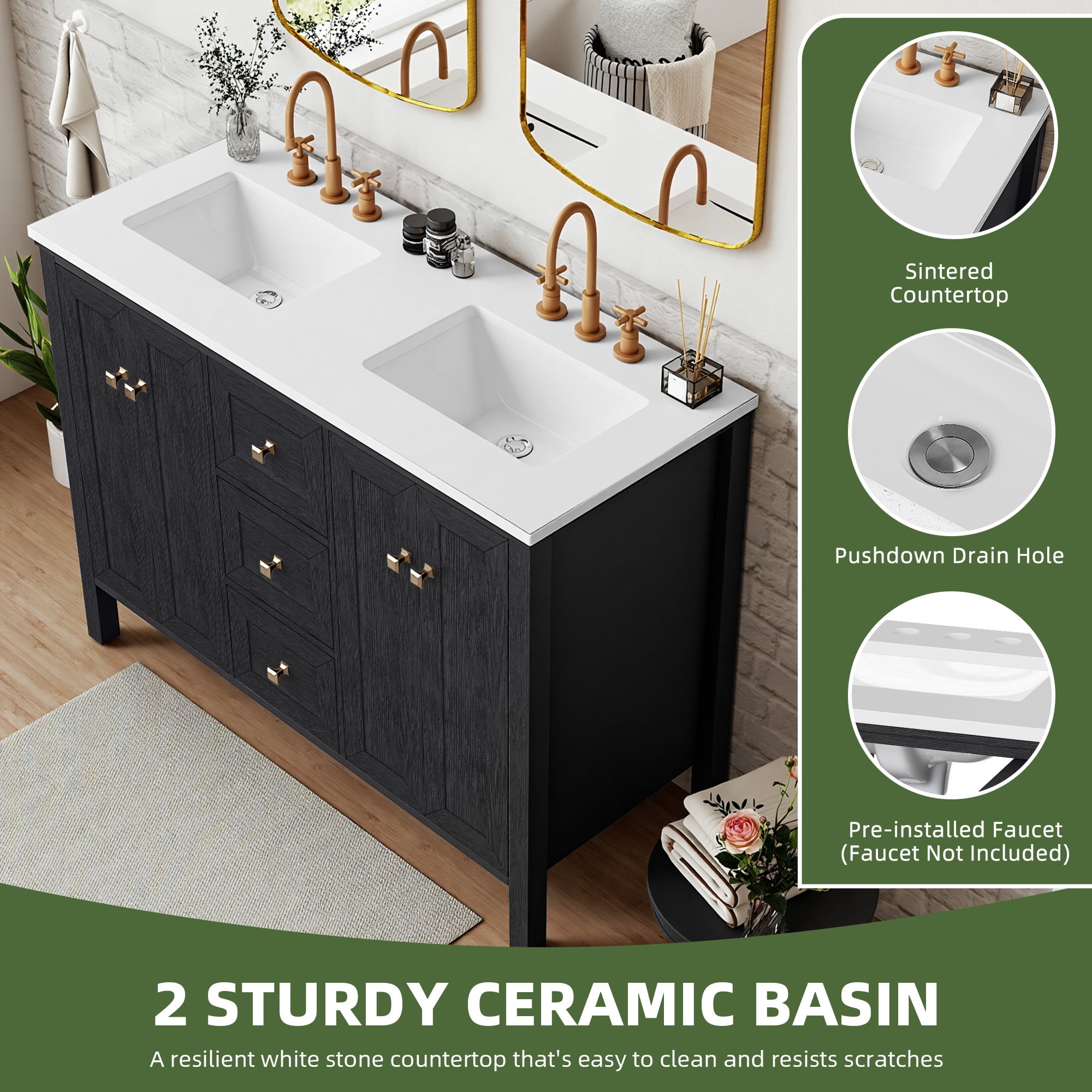 Uforic 47 Inch Bathroom Vanity with Double Sink, Retro Style, Sintered Stone Countertop, 4 Doors & 3 Drawers, 6 Pre-drilled Faucet Holes, Black