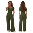 thumbnail image 2 of Ruyang Kids Girls 2 Piece Outfit Crew Neck Short Sleeve Top and Wide Leg Pants Summer Teens Solid Casual Sweatsuit Set, 2 of 9