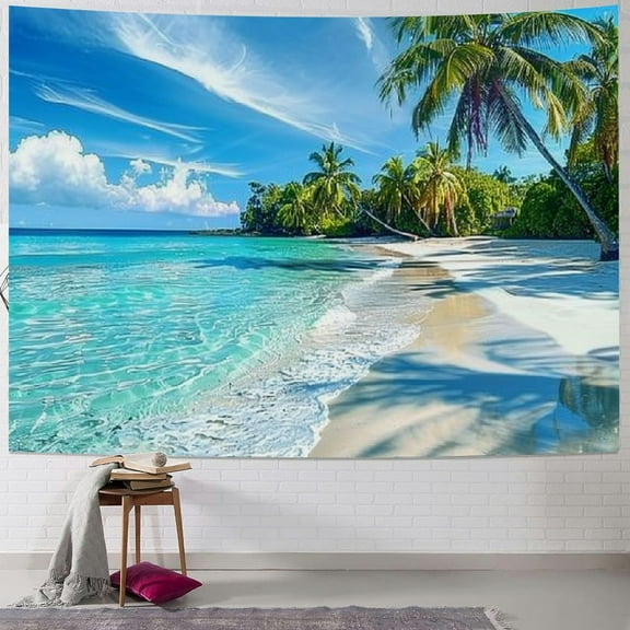 BCIIG  Ocean Beach Tapestry Tropical Palm Trees Seaside Island Blue Sky Sunshine Nature Summer Hawaiian Scene Wall Hanging Art Home Decor for Living Room Bedroom Dorm